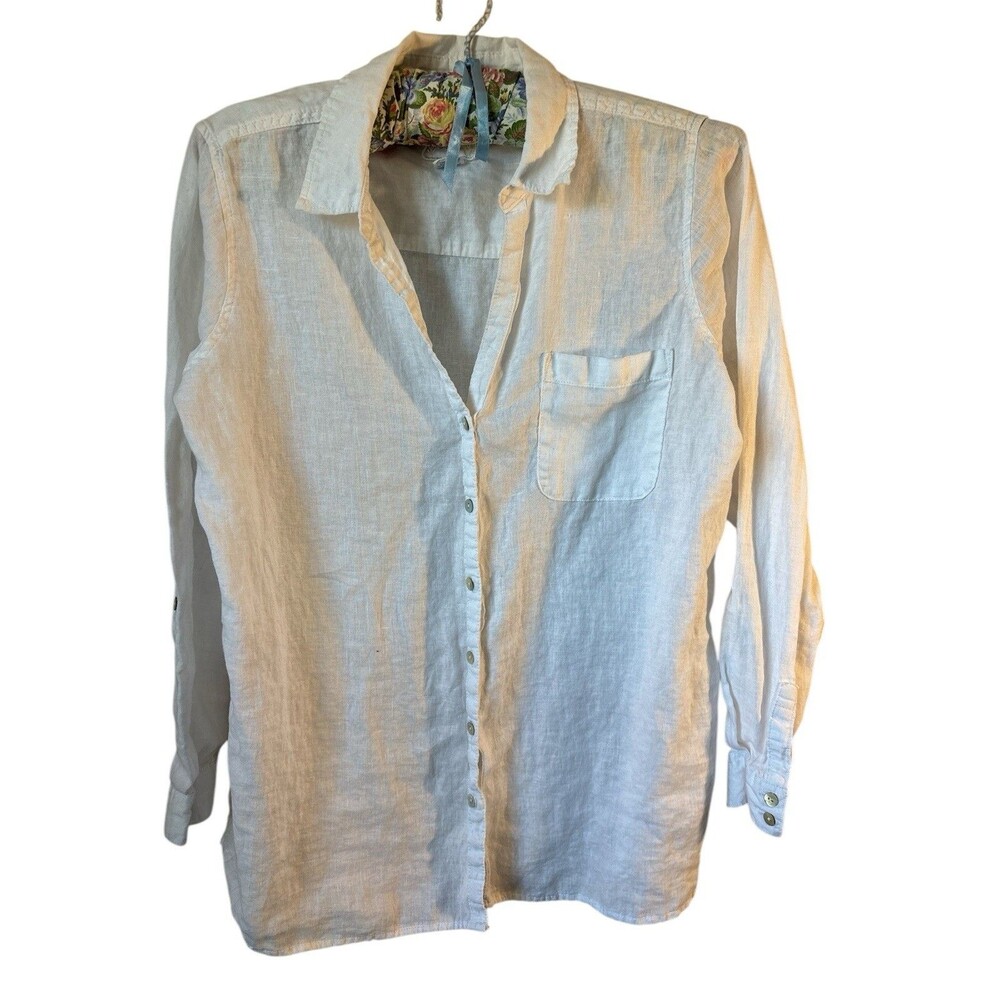Sigrid Olsen 100% Linen Button Up Top Sz XL Roll Tab Sleeve Beach Coastal Travel